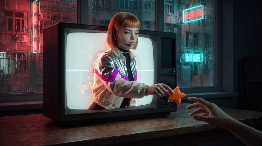 LOOK 00 / JOIN: Model 01 reaches out of a CRT TV and hands over an orange star